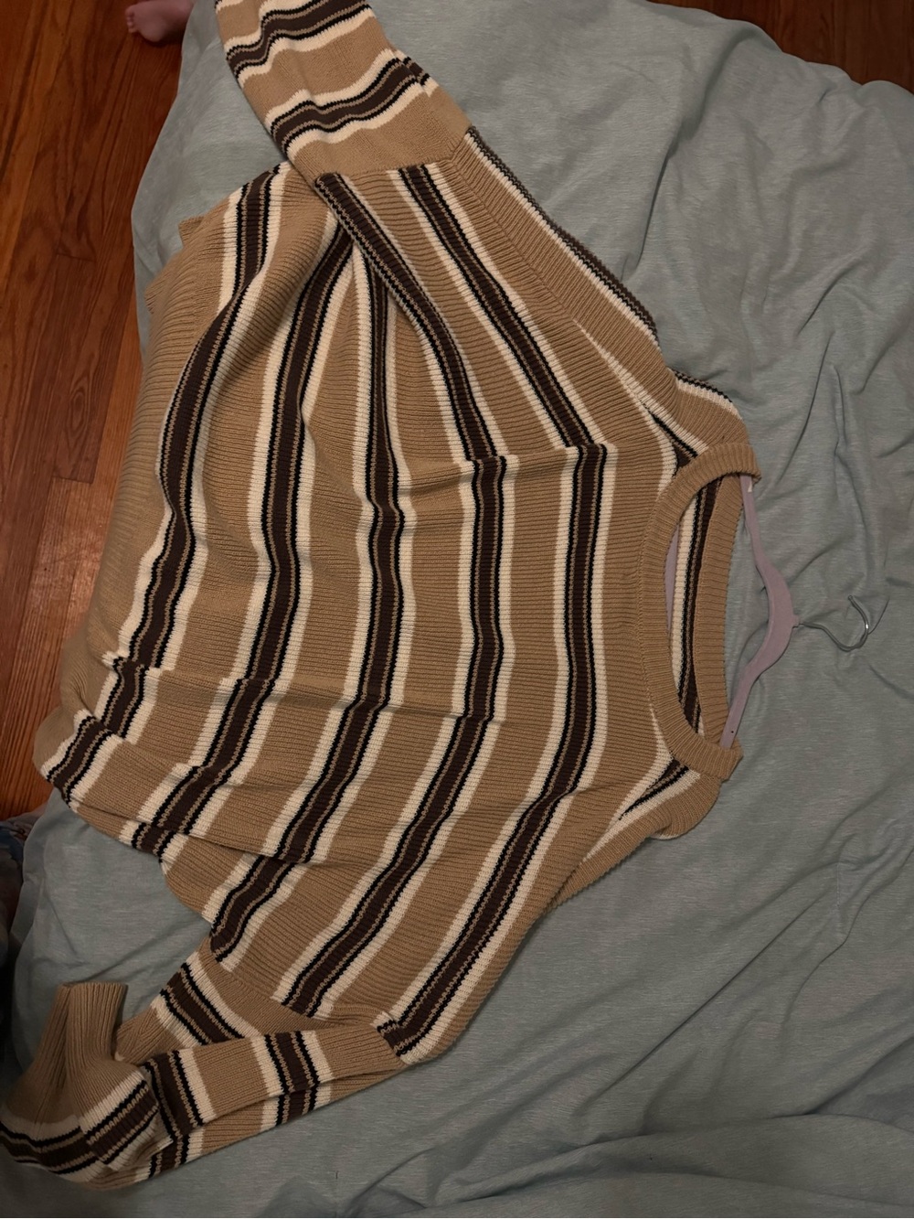 Promesa Beige and Black Striped Crewneck Sweater